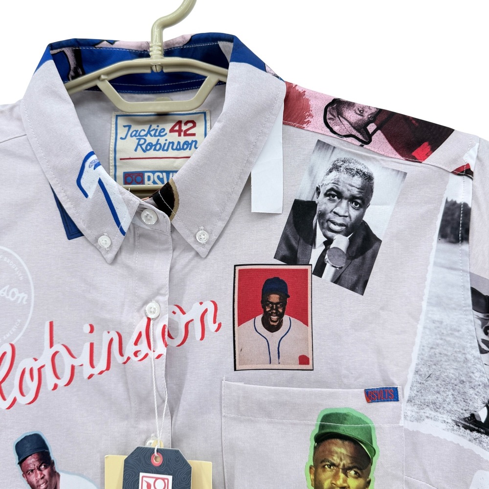 RSVLTS Jackie Robinson Scrapbook‎ Shirt Men L Tan NWT Kunuflex Short Sleeve MLB